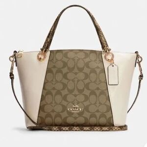 COACH Kacey Small Satchel In Colorblock Signature Canvas Leather Khaki / Cream